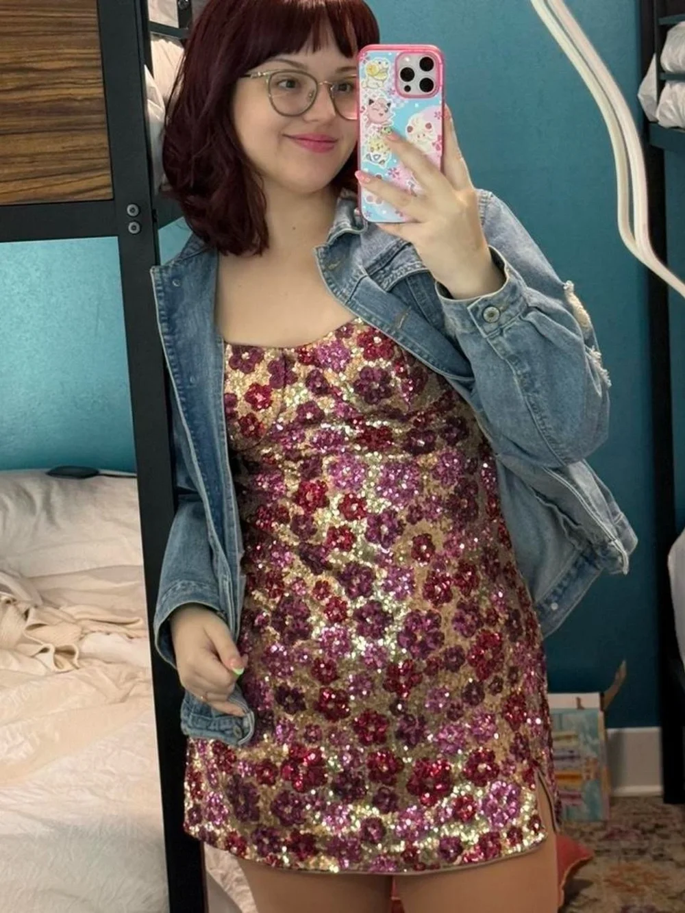 Cider Pink and Gold Floral Sequin Mini Dress - Picture 2 of 3